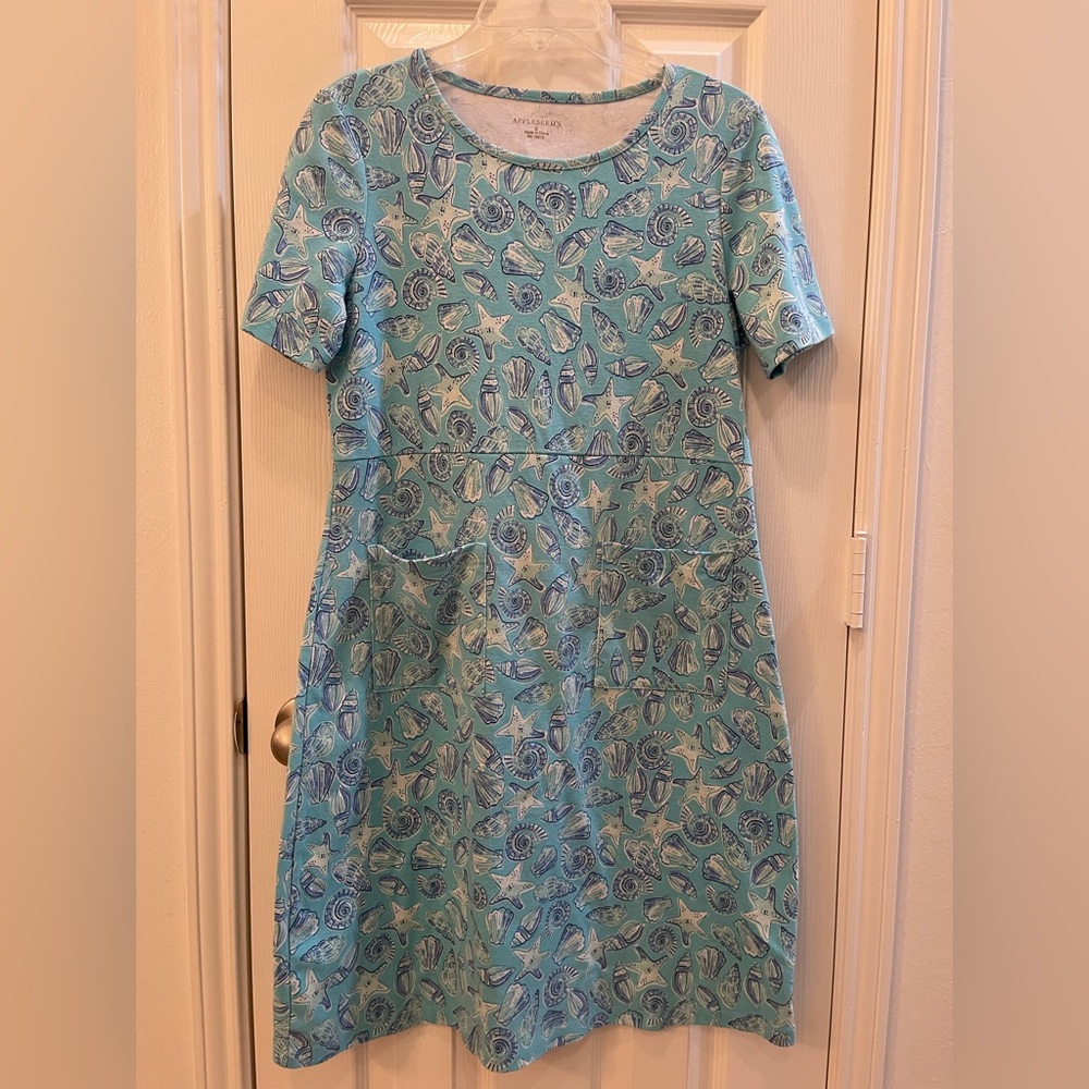 Appleseed’s Women’s Small Seashell Print Dress Pockets Short Sleeve Scoop‎ Neck